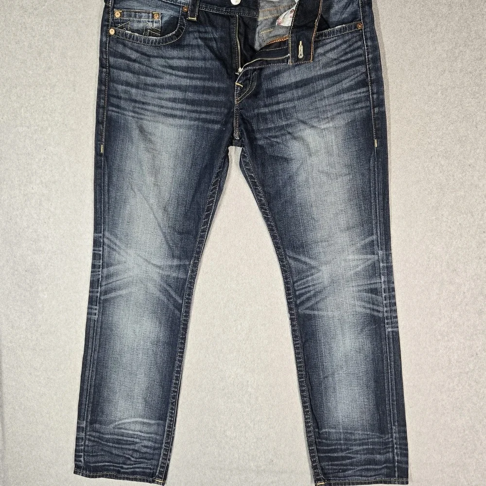 True Religion Men Jeans 38 Blue Denim Embroidered Ricky No Flap 33